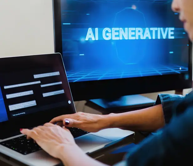 AI generative app. Woman chatting with Artificial Intelligence