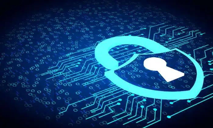 Digital lock icon over a background of binary code and circuit patterns