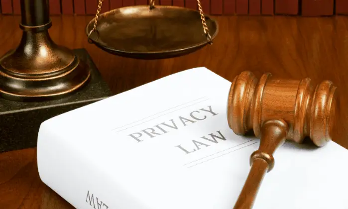the image visually represents legal concepts related to privacy rights, regulations, and enforcement