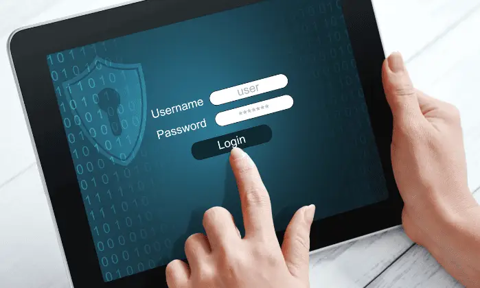 A login screen on a tablet, with fields for entering a username and password, along with a "Login" button.
