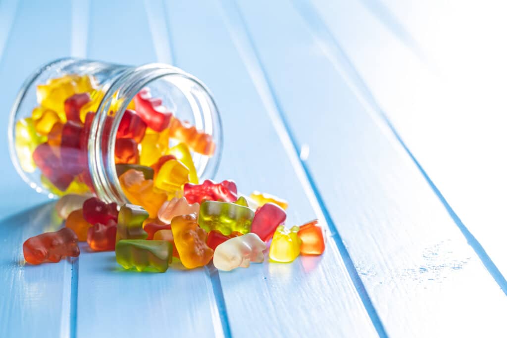 Jelly gummy bears candy. Colorful sweet confectionery.