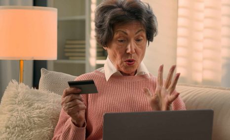 Happy senior satisfied aged Caucasian woman joyful excited retired old mature female at home sofa shopping online celebrate successful payment with laptop pay internet banking kiss credit bank card. High quality 4k footage