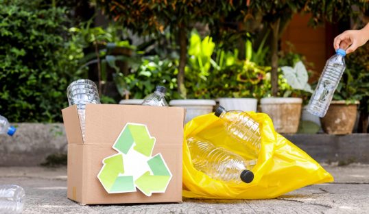 Volunteers Throwing Empty Plastic Bottle In Recycling Bin With Yellow Garbage